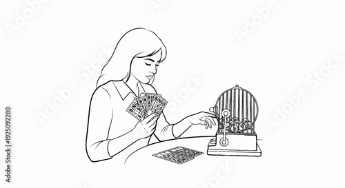Woman plays bingo, holding cards and operating a bingo ball cage