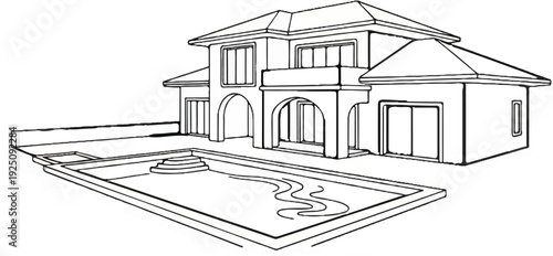 A black and white sketch of a modern home with a pool