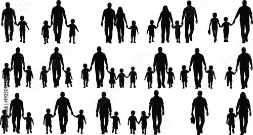 Large collection of diverse family silhouettes including parents holding hands with children and walking together for community social care and family lifestyle design projects