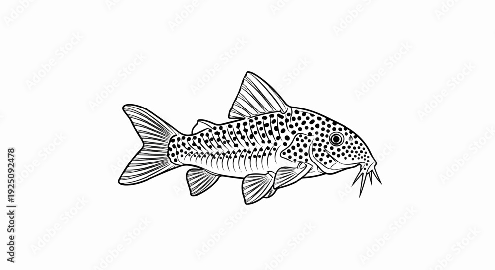 Naklejka premium Black and white illustration of a dotted fish with barbels