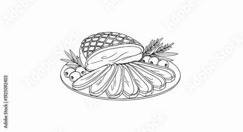 Sliced meats and olives arranged on a platter with garnishes