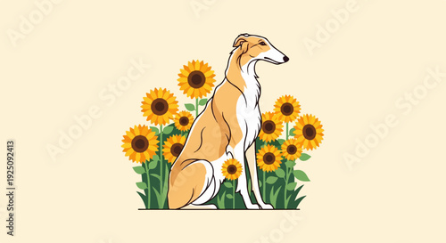 A tan and white dog sits gracefully amidst a field of vibrant sunflowers