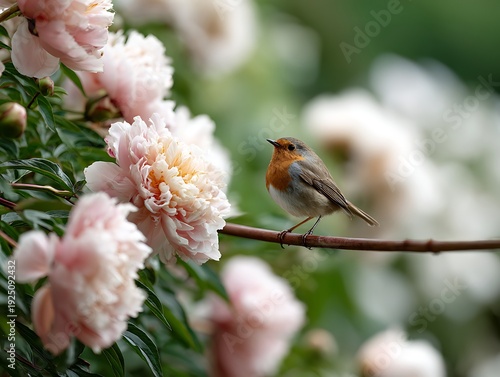 A European robin with orange breast and brown wings perches on a thin branch near blooming pale peonies. The garden scene includes visible copy space suitable for floral greeting cards or seasonal mat