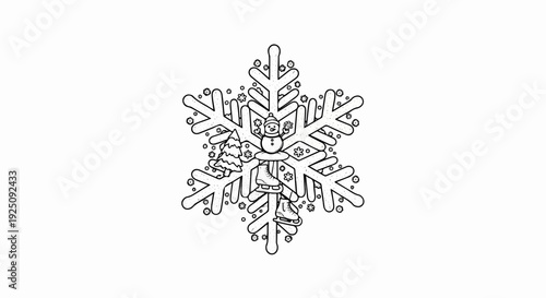 A winter scene depicted as a snowflake with snowman, tree, and skates