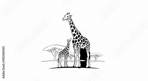 Adult and young giraffes stand in savanna with trees and hills