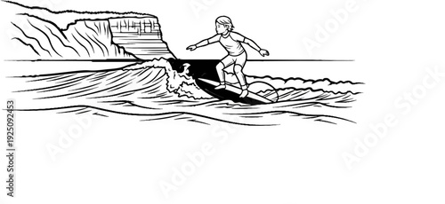 Person surfing on a wave near a cliff