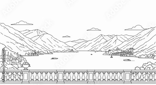 Balcony overlooking a serene lake with distant, majestic mountains and a quaint village