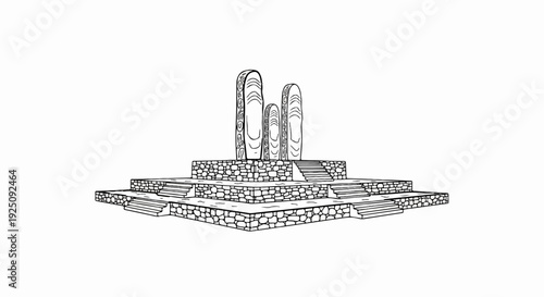 Ancient stone monoliths stand tall on a tiered, stone platform with stairs