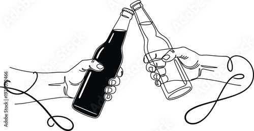 Hand drawn line art illustration of two people clinking beer bottles in celebration toast gesture isolated on white background for party and social concept design