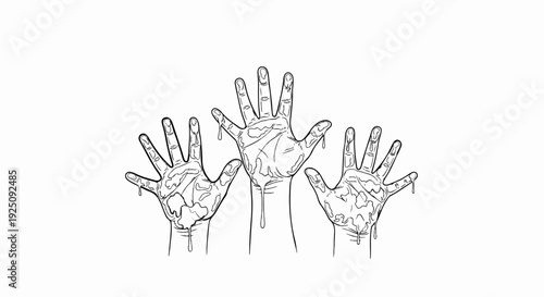 Three open hands covered in dripping liquid, stylized sketch