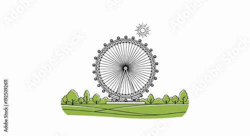 A drawing of a large Ferris wheel against a white background with a sunny sky