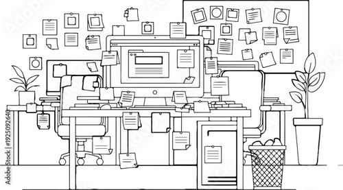 A messy desk with sticky notes, plants, and a computer