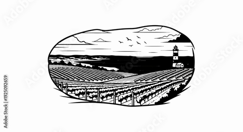 A pastoral scene with rolling vineyards leading to a lighthouse by the sea