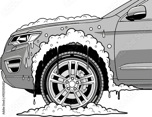 Detailed close-up of a vehicle being washed, covered in suds and dripping water