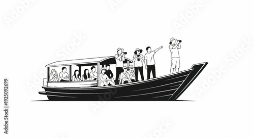 A boat filled with tourists, some taking photos, others looking out