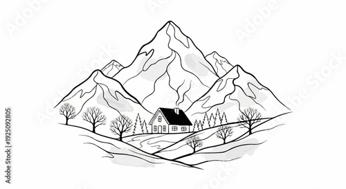 A cozy cabin nestled in a snowy mountain valley with bare trees