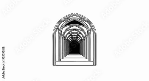 A perspective view of a series of pointed arches receding into darkness
