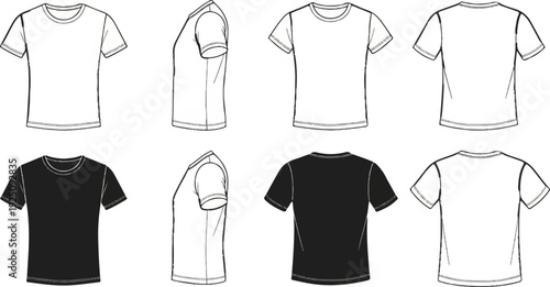 Flat lay sketches of black and white t-shirts viewed from front, side, and back