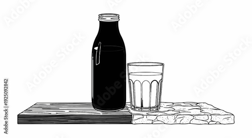 A dark bottle and a glass of clear liquid sit on a wooden plank