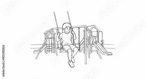 Boy swinging on a playground with a slide