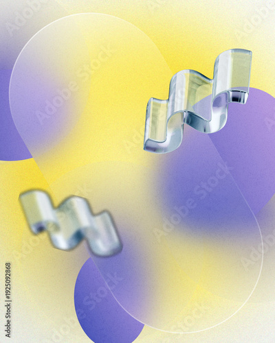 Abstract Wavy Glass Shapes Floating on Gradient Yellow and Purple Background with Soft Circles