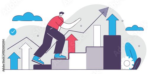 Success motivation vector illustration showing man climbing stairs towards upward arrow tip