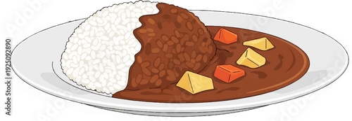 A plate of rice topped with rich brown curry and cubed vegetables