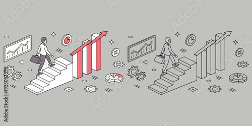 Corporate career vector illustration featuring person walking up stairs towards bar graphs