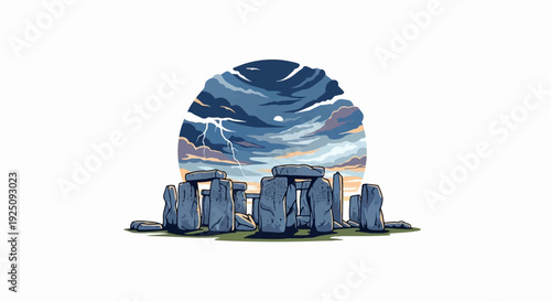 Ancient stone circle under stormy, lightning-filled sky at dusk