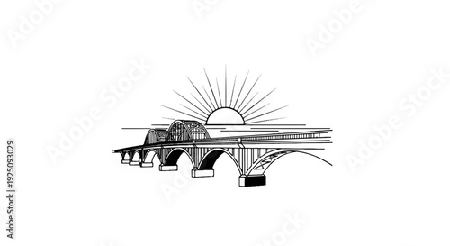 Arched bridge spans waterway beneath a rising sun, rendered in black and white