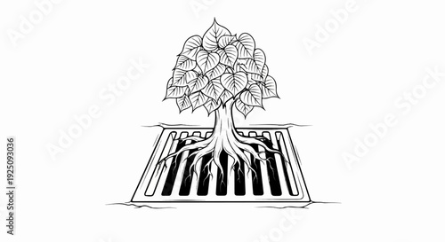 Drawing of a tree with lush foliage growing through a grate