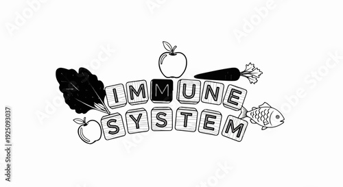 Alphabet blocks spell "IMMUNE SYSTEM" with healthy food icons