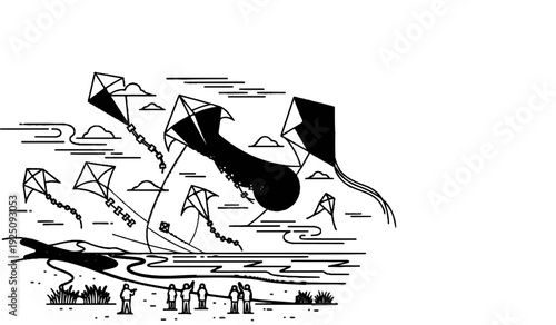 Diverse kites soar over a sunny day with people on a shoreline, joyful play