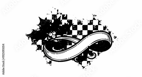 Black and white graphic of holly, berries, and ribbon on checkerboard background