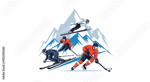 Dynamic winter sports action with skiers and hockey player against mountains