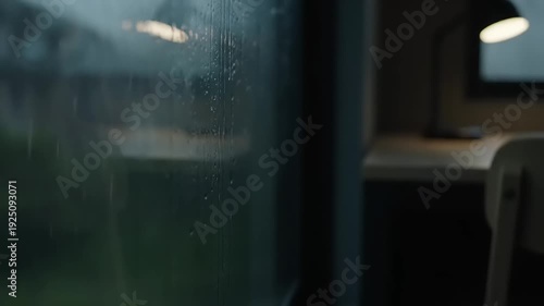 Raindrops on Windowpane with Cozy Interior Background