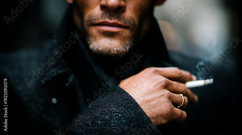 Moody person holding lit cigarette with bokeh background
