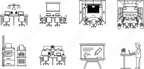 Diverse office scenes desks, chairs, meeting rooms, and a person working