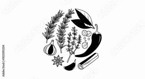 Black and white illustration of various herbs, spices, and vegetables arranged in a circular pattern