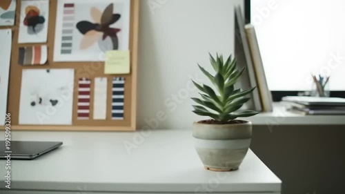 Modern Creative Workspace with Mood Board and Succulent