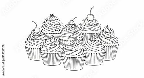 A delightful arrangement of frosted cupcakes, some topped with cherries and sprinkles