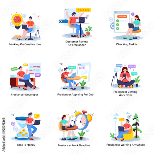 Set of Remote Working Flat Illustrations 