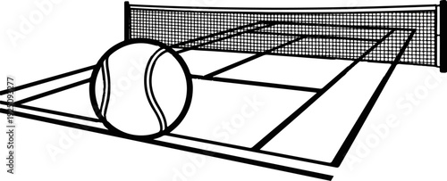 A line drawing depicts a tennis ball in front of a tennis court and net
