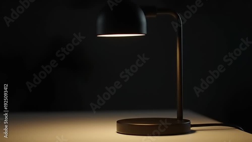Minimalist Black Metal Desk Lamp with Warm Light in Dark Room