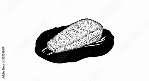 Artistic sketch of a single, coated fish fillet on a black plate