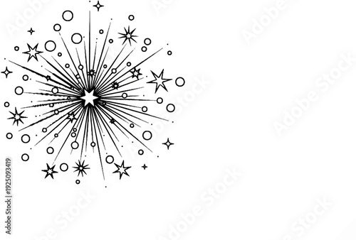 Black and white explosive starburst pattern with circles and dots