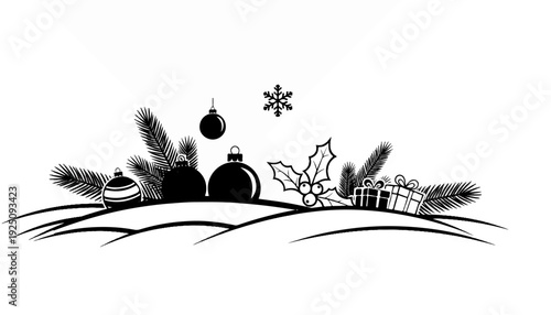 Black and white festive winter holiday scene with ornaments, gifts, and fir branches