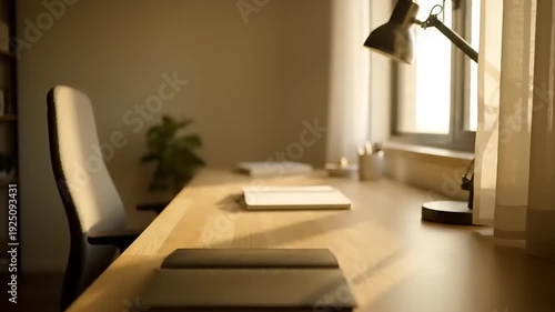 Minimalist Home Office Workspace with Warm Sunlight