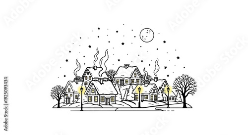 Cozy winter village under starry night sky with moon