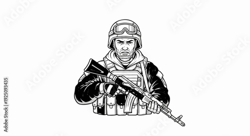 Black and white illustration of a soldier with a rifle